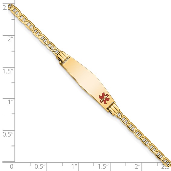 14K Medical Solid Chain/Solid Plate 26x7mm Soft Diamond Shape Off-Center Red Enamel Anchor Link 6 inch Baby/Child ID Bracelet
