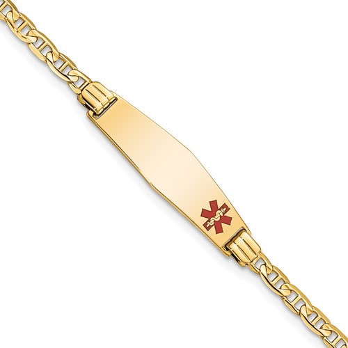 14K Medical Solid Chain/Solid Plate 26x7mm Soft Diamond Shape Off-Center Red Enamel Anchor Link 6 inch Baby/Child ID Bracelet