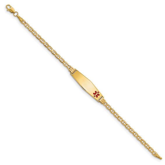 14K Medical Solid Chain/Solid Plate 26x7mm Soft Diamond Shape Off-Center Red Enamel Anchor Link 7 inch ID Bracelet