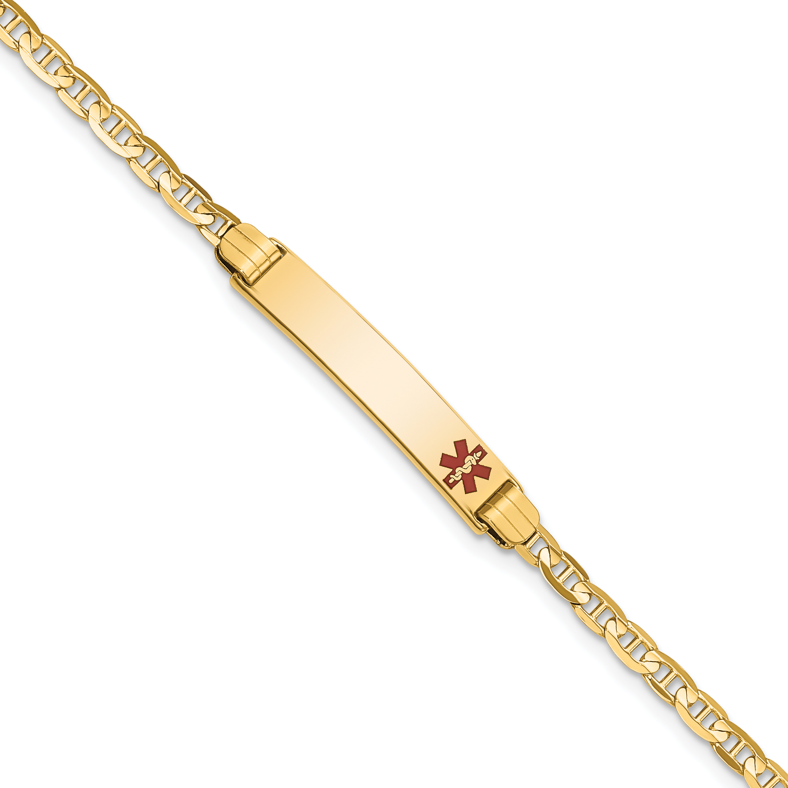 14K Medical Solid Chain/Solid Plate 26x5mm Off-Center Red Enamel Anchor Link 6 inch Baby/Child ID Bracelet (XM552FR-6)