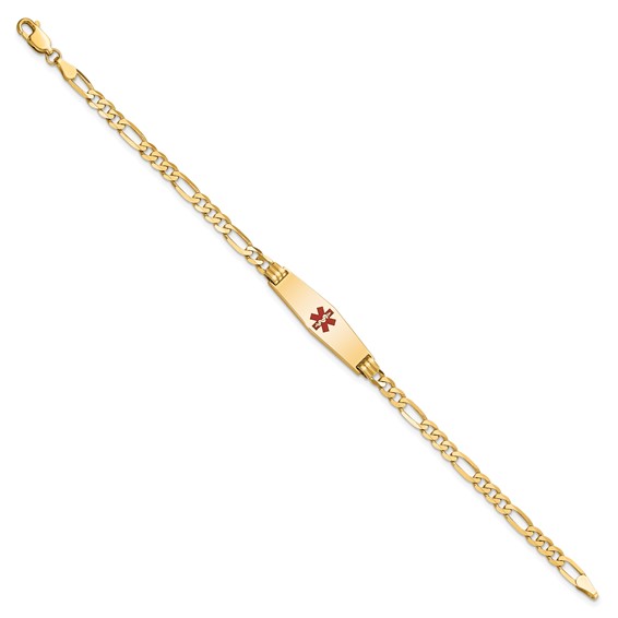14K Medical Solid Chain/Solid Plate 24x7mm Soft Diamond Shape Centered Red Enamel Figaro Link 7 inch ID Bracelet
