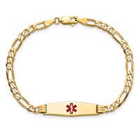 14K Yellow Gold Medical Solid Chain Solid Plate 24x 7mm Soft Diamond Shape Centered Red Enamel Figaro Link ID Bracelet, 7" view 4