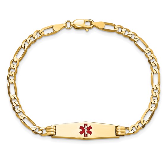 14K Medical Solid Chain/Solid Plate 24x7mm Soft Diamond Shape Centered Red Enamel Figaro Link 7 inch ID Bracelet