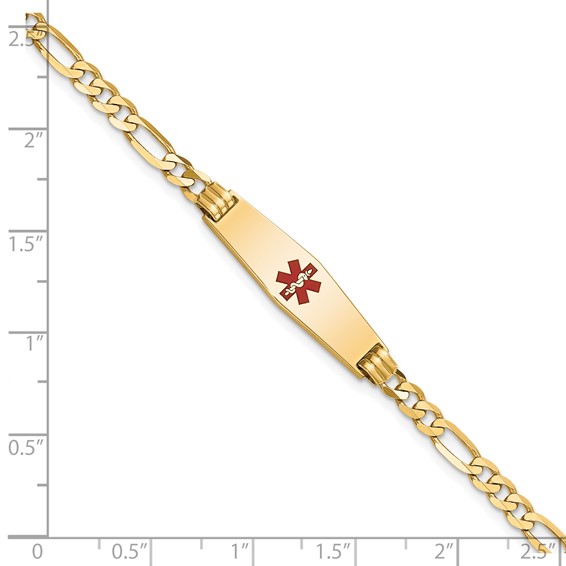 14K Medical Solid Chain/Solid Plate 24x7mm Soft Diamond Shape Centered Red Enamel Figaro Link 7 inch ID Bracelet