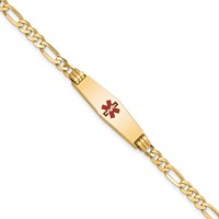 14K Yellow Gold Medical Solid Chain Solid Plate 24x 7mm Soft Diamond Shape Centered Red Enamel Figaro Link ID Bracelet, 7" view 1