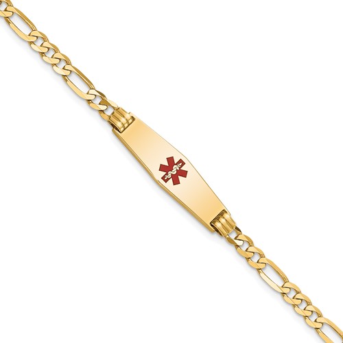 14K Medical Solid Chain/Solid Plate 24x7mm Soft Diamond Shape Centered Red Enamel Figaro Link 8 inch ID Bracelet