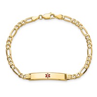 14K Yellow Gold Medical Solid Chain Solid Plate 26x 5mm Centered Red Enamel Figaro Link ID Bracelet, 7" view 4
