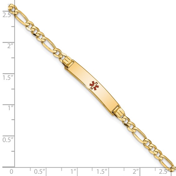 14K Medical Solid Chain/Solid Plate 26x5mm Centered Red Enamel Figaro Link 7 inch ID Bracelet