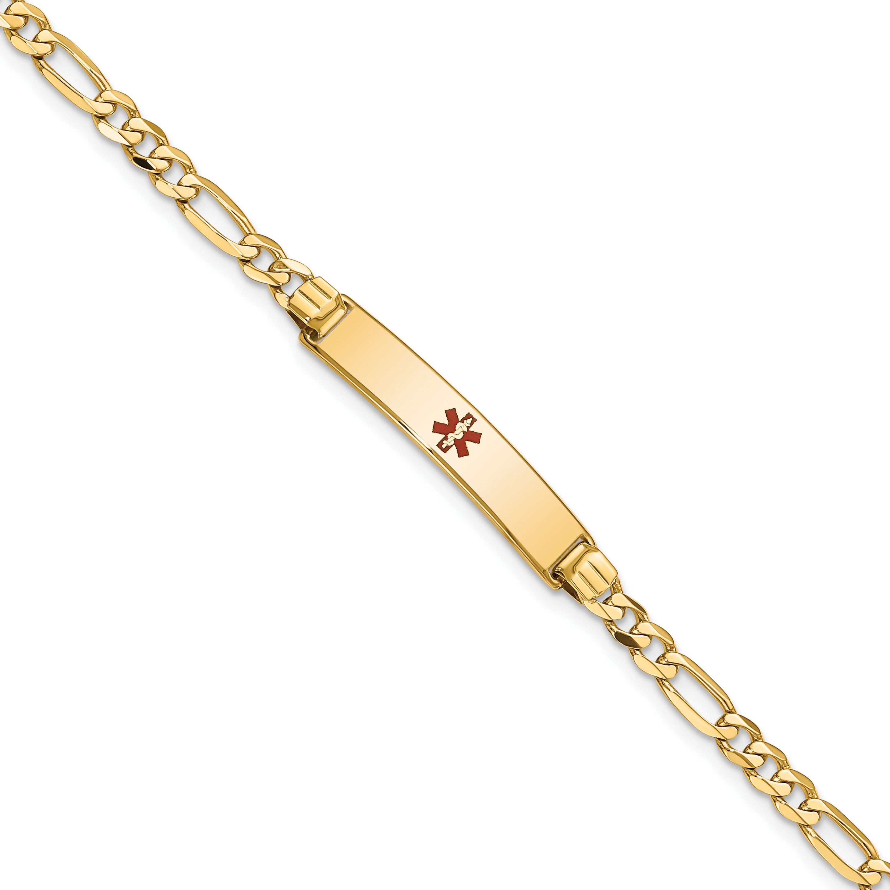 14K Medical Solid Chain/Solid Plate 26x5mm Centered Red Enamel Figaro Link 7 inch ID Bracelet (XM553CR-7)