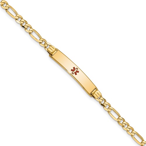 14K Yellow Gold Medical Solid Chain Solid Plate 26x 5mm Centered Red Enamel Figaro Link ID Bracelet, 7"