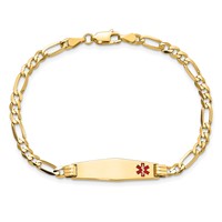 14K Yellow Gold Medical Solid Chain Solid Plate 26x7mm Soft Diamond Shape Off-Center Red Enamel Figaro Link ID Bracelet - 7in view 4