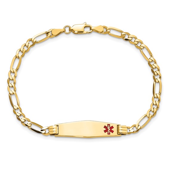 14K Medical Solid Chain/Solid Plate 26x7mm Soft Diamond Shape Off-Center Red Enamel Figaro Link 7 inch ID Bracelet
