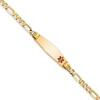 14K Yellow Gold Medical Solid Chain Solid Plate 26x7mm Soft Diamond Shape Off-Center Red Enamel Figaro Link ID Bracelet - 7in view 1