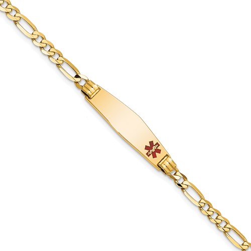 14K Yellow Gold Medical Solid Chain Solid Plate 26x 7mm Soft Diamond Shape Off-Center Red Enamel Figaro Link ID Bracelet, 7"