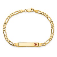 14K Yellow Gold Medical Solid Chain Solid Plate 26x5mm Off-Center Red Enamel Figaro Link ID Bracelet - 7in view 4