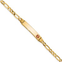 14K Yellow Gold Medical Solid Chain Solid Plate 26x5mm Off-Center Red Enamel Figaro Link ID Bracelet - 7in view 1