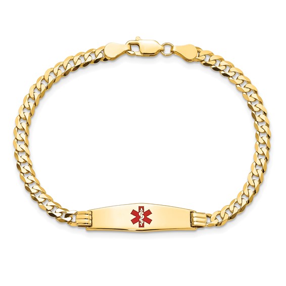 14K Medical Solid Chain/Solid Plate 24x7mm Soft Diamond Shape Centered Red Enamel Curb Link 8 inch ID Bracelet