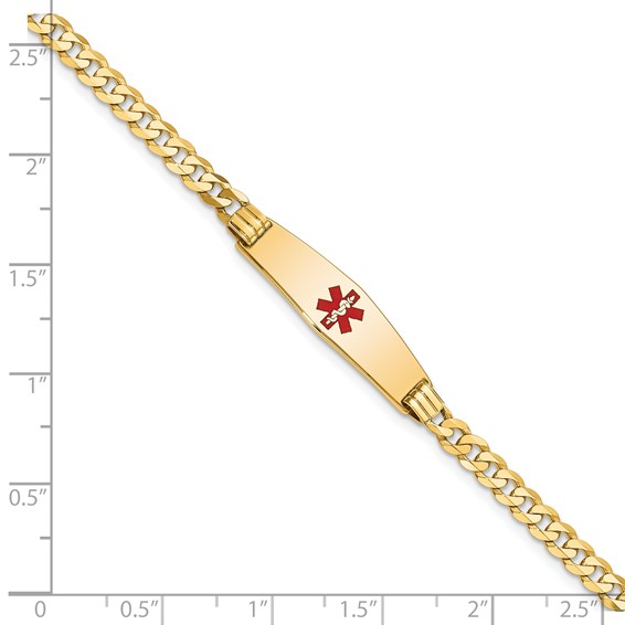 14K Medical Solid Chain/Solid Plate 24x7mm Soft Diamond Shape Centered Red Enamel Curb Link 8 inch ID Bracelet