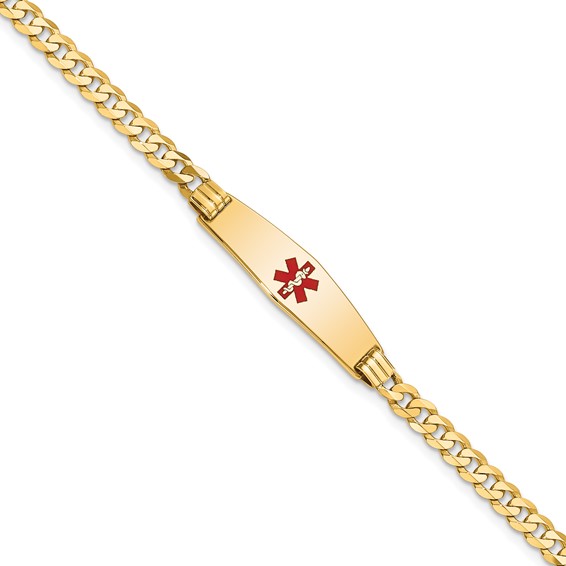 14K Medical Solid Chain/Solid Plate 24x7mm Soft Diamond Shape Centered Red Enamel Curb Link 8 inch ID Bracelet
