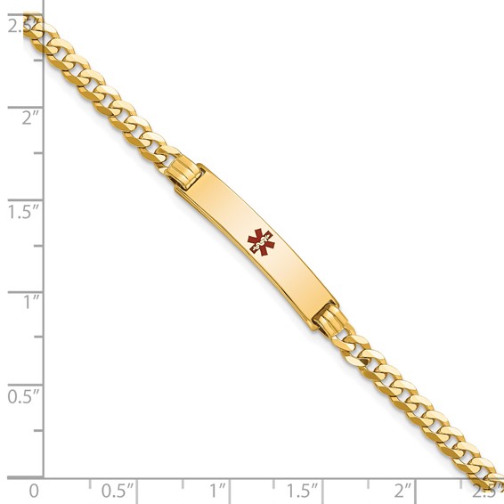 14K Medical Solid Chain/Solid Plate 26x5mm Centered Red Enamel Curb Link 7 inch ID Bracelet