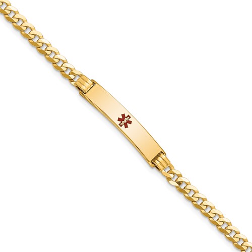 14K Yellow Gold Medical Solid Chain Solid Plate 26x 5mm Centered Red Enamel Curb Link ID Bracelet, 7"