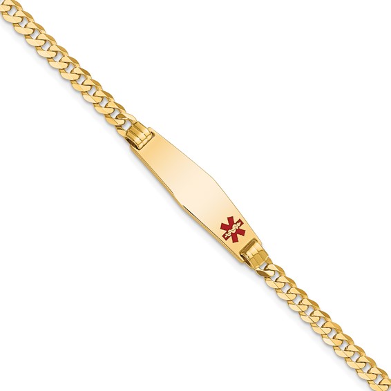 14K Medical Solid Chain/Solid Plate 26x7mm Soft Diamond Shape Off-Center Red Enamel Curb Link 8 inch ID Bracelet