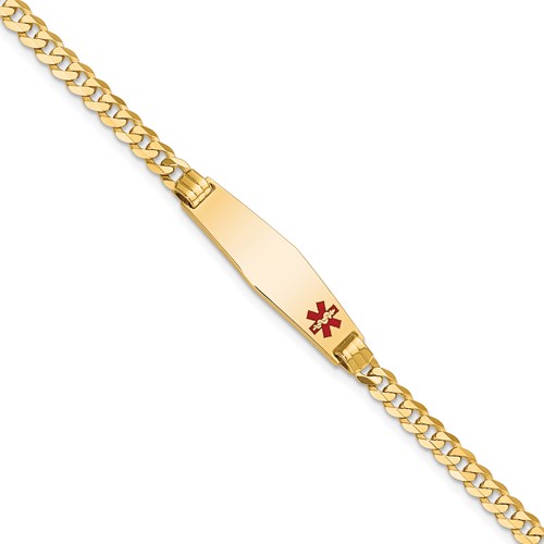 14K Yellow Gold Medical Solid Chain Solid Plate 26x 7mm Soft Diamond Shape Off-Center Red Enamel Curb Link ID Bracelet, 8"