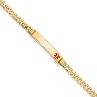 14K Yellow Gold Medical Solid Chain Solid Plate 26x5mm Off-Center Red Enamel Curb Link ID Bracelet - 7in view 1