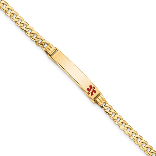 14K Yellow Gold Medical Solid Chain Solid Plate 26x 5mm Off-Center Red Enamel Curb Link ID Bracelet, 7"