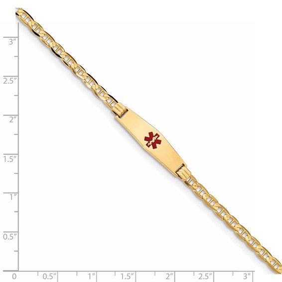 14K Medical Soft Diamond Shape Red Enamel Anchor Link ID Bracelet