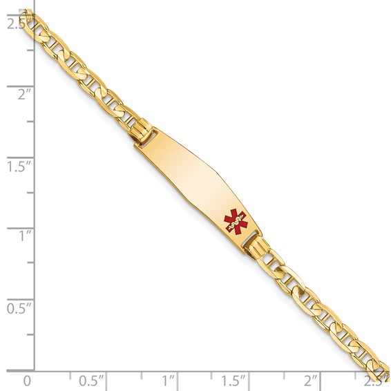 14K Medical Solid Chain/Solid Plate 26x7mm Soft Diamond Shape Off-Center Red Enamel Anchor Link 7 inch ID Bracelet