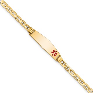 14K Medical Solid Chain/Solid Plate 26x7mm Soft Diamond Shape Off-Center Red Enamel Anchor Link 7 inch ID Bracelet
