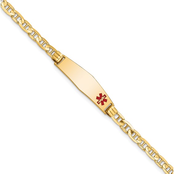 14K Medical Solid Chain/Solid Plate 26x7mm Soft Diamond Shape Off-Center Red Enamel Anchor Link 7 inch ID Bracelet