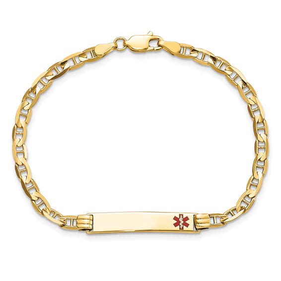 14K Medical Solid Chain/Solid Plate 26x5mm Off-Center Red Enamel Anchor Link 8 inch ID Bracelet