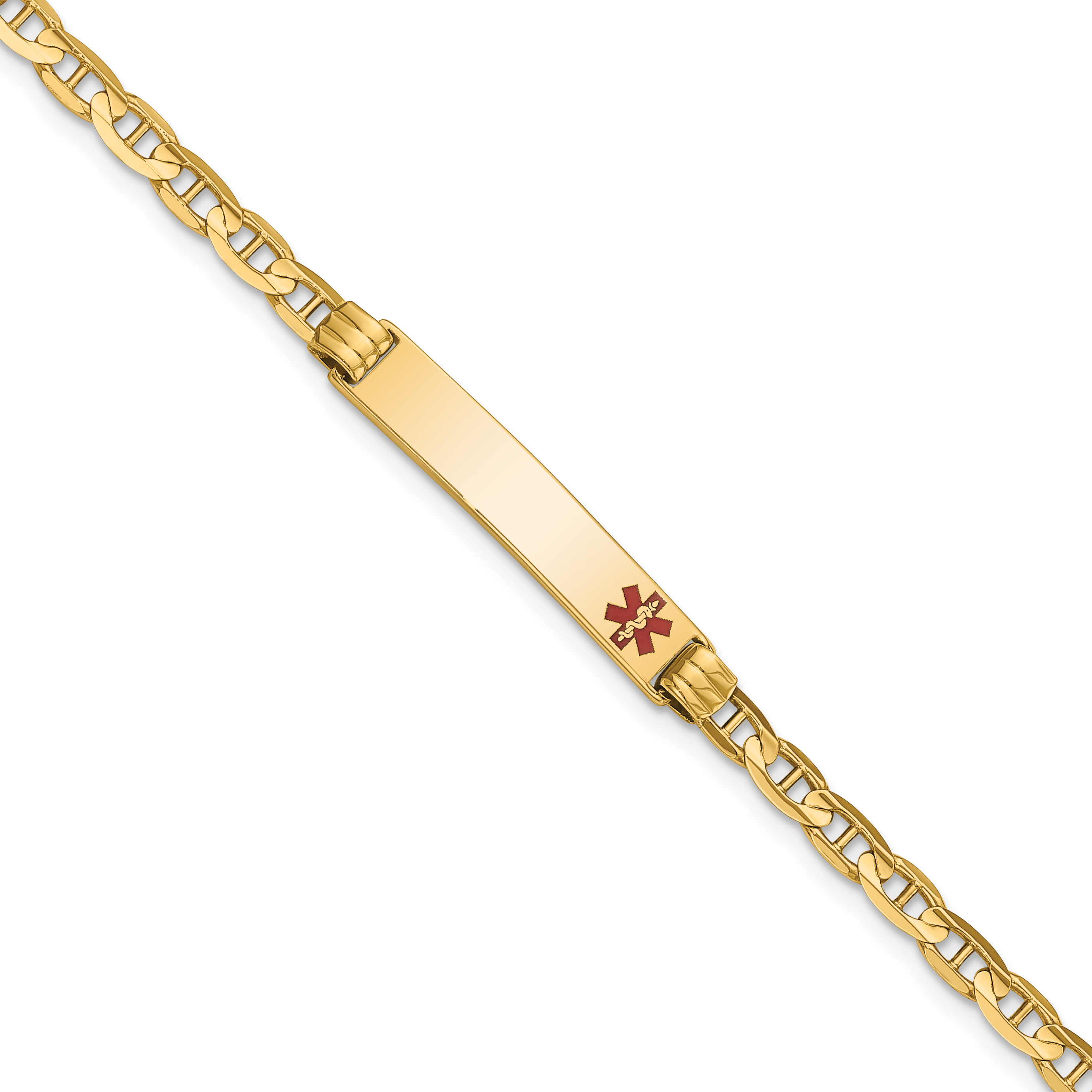 14K Medical Solid Chain/Solid Plate 26x5mm Off-Center Red Enamel Anchor Link 7 inch ID Bracelet (XM555FR-7)