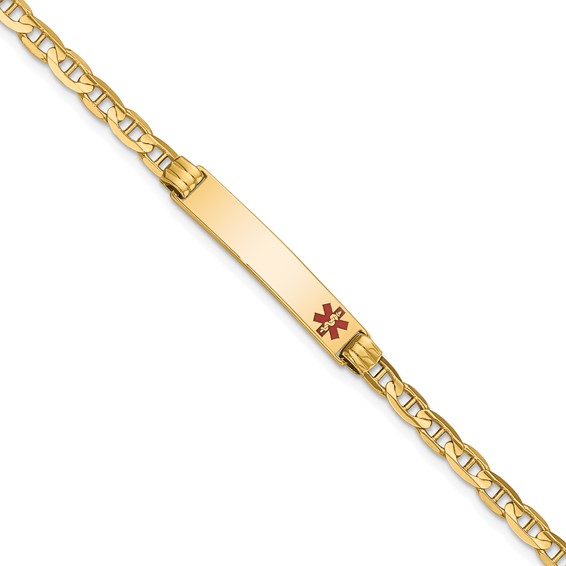 14K Medical Solid Chain/Solid Plate 26x5mm Off-Center Red Enamel Anchor Link 8 inch ID Bracelet