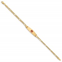 14K Medical Semi-Solid Chain Solid Plate 26x7mm Soft Diamond Shape Centered Red Enamel Figaro Link 7 Inch ID Bracelet view 2