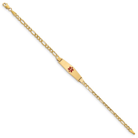 14K Medical Semi-Solid Chain/Solid Plate 26x7mm Soft Diamond Shape Centered Red Enamel Figaro Link 7 inch ID Bracelet
