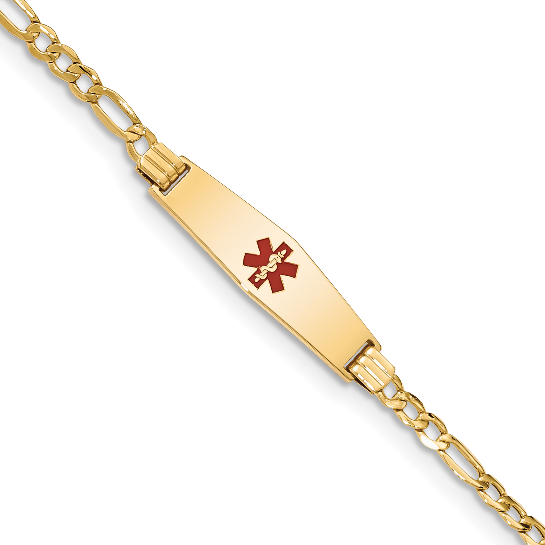 14K Medical Semi-Solid Chain/Solid Plate 26x7mm Soft Diamond Shape Centered Red Enamel Figaro Link 8 inch ID Bracelet (XM556CC-8)