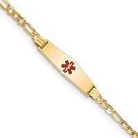14K Medical Semi-Solid Chain Solid Plate 26x7mm Soft Diamond Shape Centered Red Enamel Figaro Link 7 Inch ID Bracelet view 1