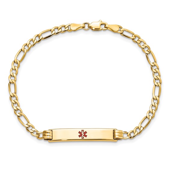 14K Medical Semi-Solid Chain/Solid Plate 26x5mm Centered Red Enamel Figaro Link 7 inch ID Bracelet