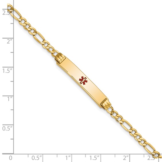14K Medical Semi-Solid Chain/Solid Plate 26x5mm Centered Red Enamel Figaro Link 7 inch ID Bracelet