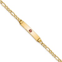 14K Yellow Gold Medical Semi-Solid Chain Solid Plate 26x 5mm Centered Red Enamel Figaro Link ID Bracelet, 7" view 1