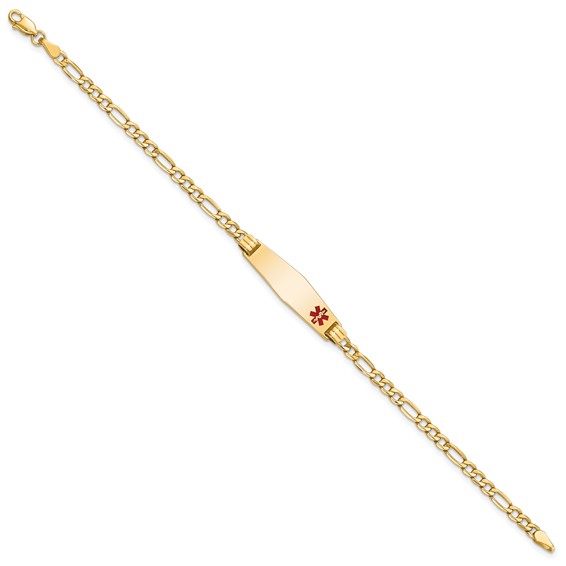 14K Medical Semi-Solid Chain/Solid Plate 26x7mm Soft Diamond Shape Off-Center Red Enamel Figaro Link 7 inch ID Bracelet