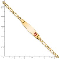 14K Yellow Gold Medical Semi-Solid Chain Solid Plate 26x 7mm Soft Diamond Shape Off-Center Red Enamel Figaro Link ID Bracelet, 8" view 3
