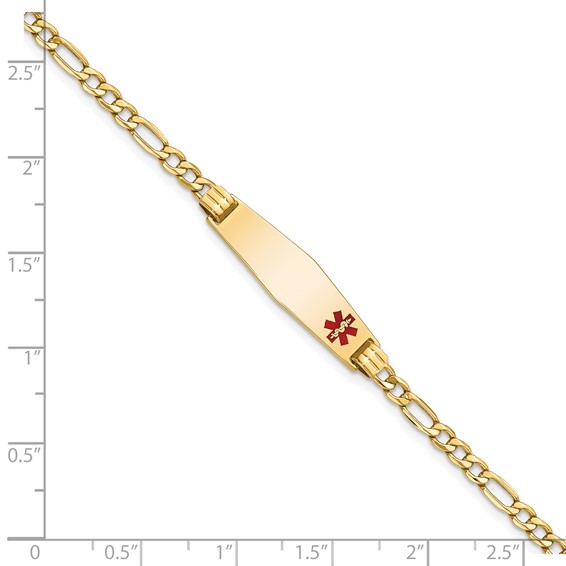 14K Medical Semi-Solid Chain/Solid Plate 26x7mm Soft Diamond Shape Off-Center Red Enamel Figaro Link 7 inch ID Bracelet