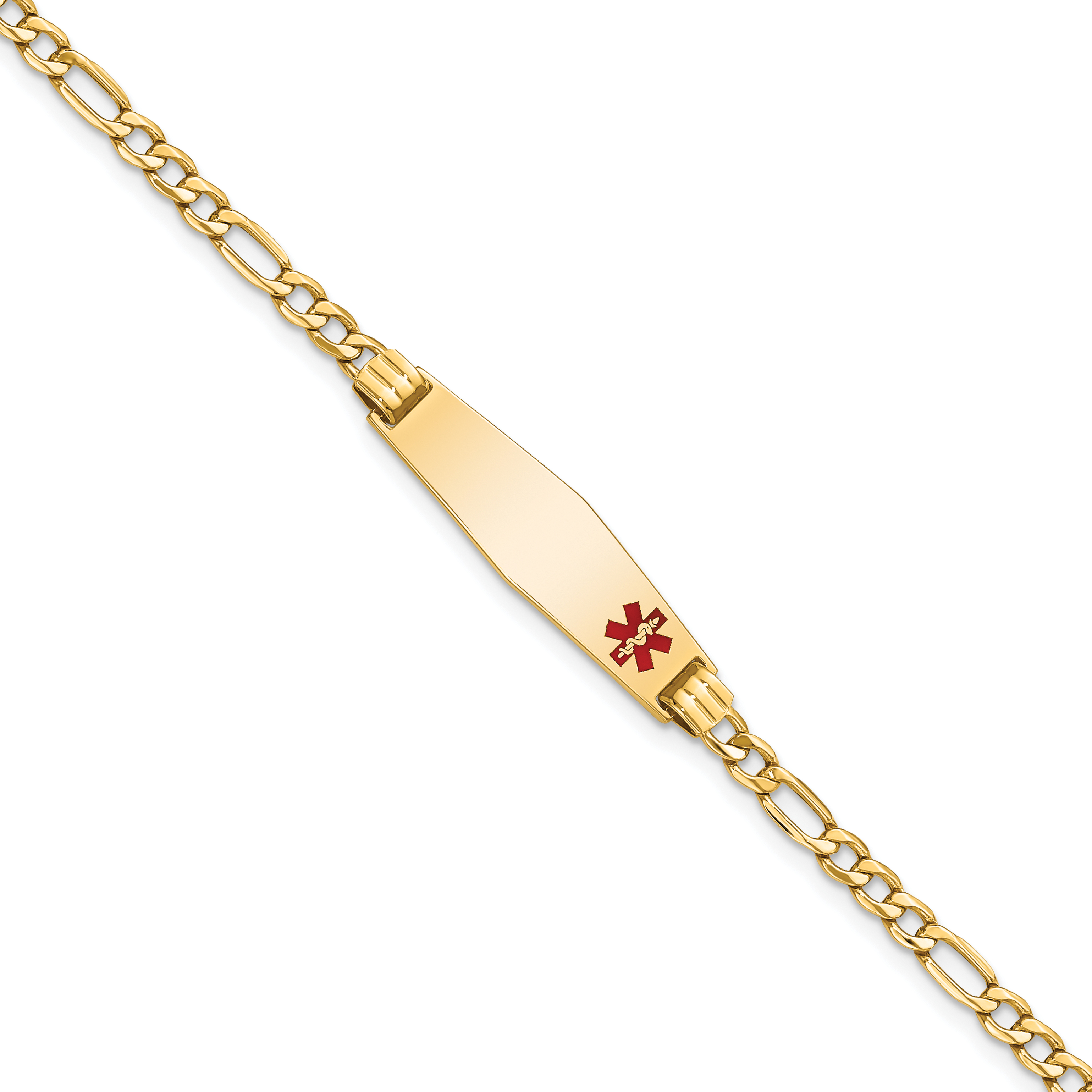 14K Medical Semi-Solid Chain/Solid Plate 26x7mm Soft Diamond Shape Off-Center Red Enamel Figaro Link 8 inch ID Bracelet (XM556FC-8)