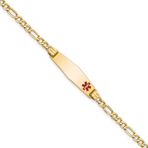 14K Yellow Gold Medical Semi-Solid Chain Solid Plate 26x 7mm Soft Diamond Shape Off-Center Red Enamel Figaro Link ID Bracelet, 8"