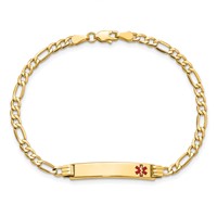14K Yellow Gold Medical Semi-Solid Chain Solid Plate 26x 5mm Off-Center Red Enamel Figaro Link ID Bracelet, 7" view 4