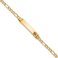 14K Yellow Gold Medical Semi-Solid Chain Solid Plate 26x 5mm Off-Center Red Enamel Figaro Link ID Bracelet, 7" view 1